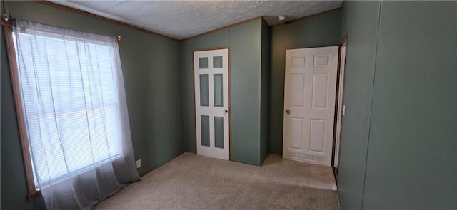 2251 Nemaha Rd, Cummings, KS 66016 - unfurnished bedroom featuring carpet floors, ornamental molding, a textured ceiling, and vaulted ceiling