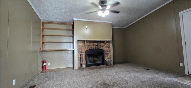 2251 Nemaha Rd, Cummings, KS 66016 - unfurnished living room with ceiling fan, carpet, a fireplace, and a textured ceiling