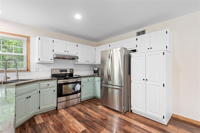 2433 Post Oak Rd, Olathe, KS 66061 - kitchen with appliances with stainless steel finishes, under cabinet range hood, dark wood-style flooring, white cabinetry, and recessed lighting