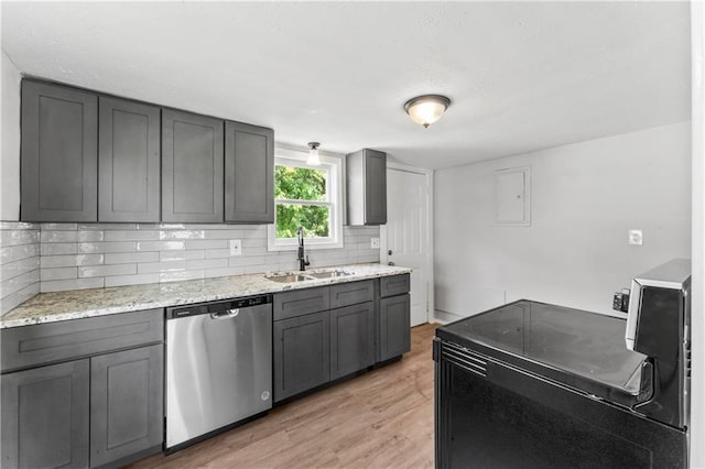 1202 E 23rd St S, Independence, MO 64055 - kitchen with stainless steel dishwasher, black electric range, backsplash, gray cabinetry, and light wood-style flooring