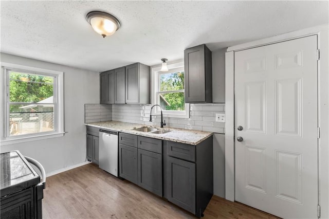 1202 E 23rd St S, Independence, MO 64055 - kitchen with dishwasher, gray cabinets, electric range oven, backsplash, and a textured ceiling