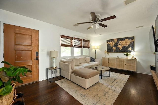 6217 Glenwood St, Mission, KS 66202 - living room with a ceiling fan and dark wood-style flooring