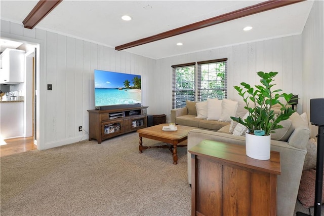 5217 Birch St, Roeland Park, KS 66205 - living area featuring light carpet, beam ceiling, crown molding, and recessed lighting