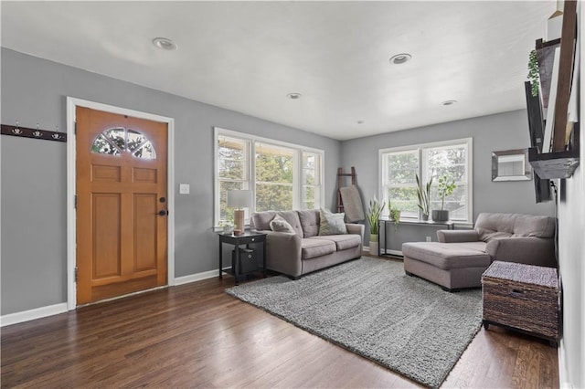 7801 W 55th Ter, Overland Park, KS 66202 - living area featuring dark wood-type flooring and recessed lighting