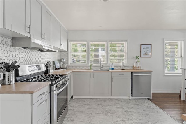 7801 W 55th Ter, Overland Park, KS 66202 - kitchen with stainless steel appliances, under cabinet range hood, healthy amount of natural light, and light countertops