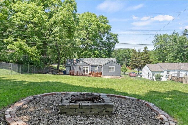 7801 W 55th Ter, Overland Park, KS 66202 - fenced backyard with an outdoor fire pit and a deck