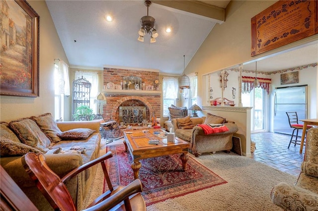 1924 E Sleepy Hollow Dr, Olathe, KS 66062 - living area featuring high vaulted ceiling, beamed ceiling, and a fireplace