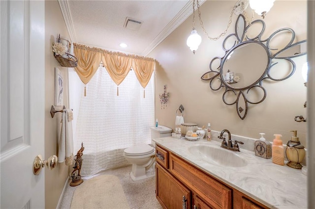 1924 E Sleepy Hollow Dr, Olathe, KS 66062 - full bath with ornamental molding, vanity, shower / bath combo, and a textured ceiling