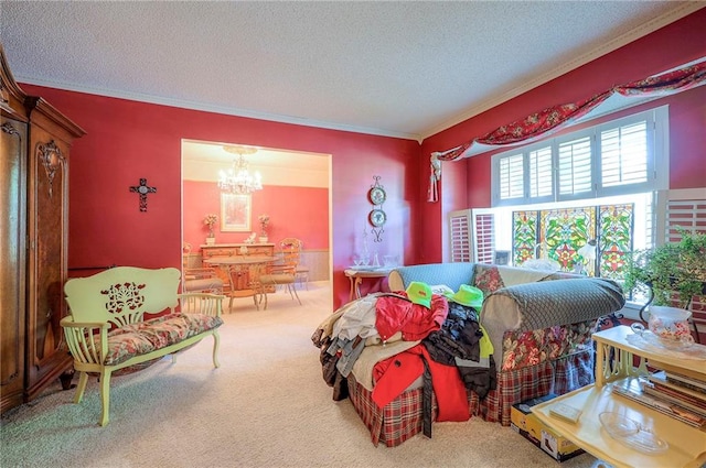 1924 E Sleepy Hollow Dr, Olathe, KS 66062 - carpeted bedroom featuring a chandelier, a textured ceiling, and crown molding
