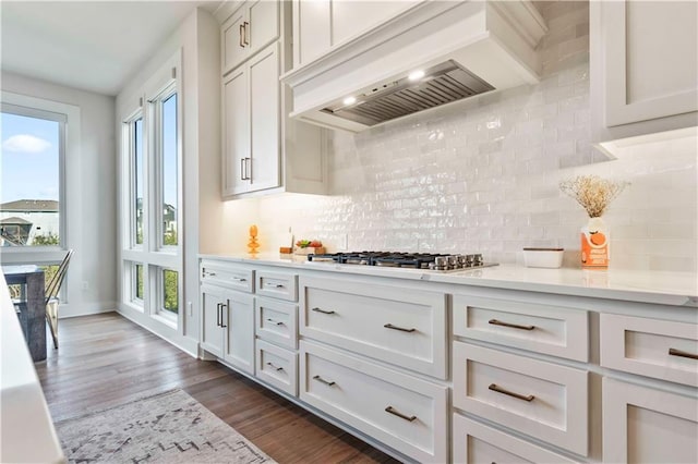11594 S Zarda Dr, Olathe, KS 66061 - kitchen with custom range hood, healthy amount of natural light, light countertops, and dark wood-style flooring