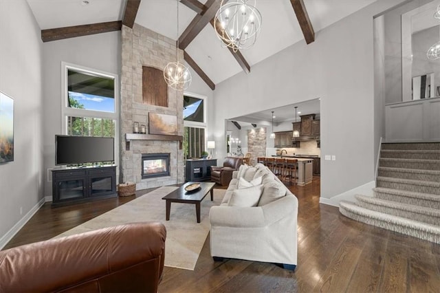 13428 W 172nd St, Overland Park, KS 66221 - living area with dark wood-style floors, beam ceiling, high vaulted ceiling, a chandelier, and stairs