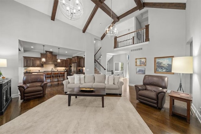 13428 W 172nd St, Overland Park, KS 66221 - living room featuring a chandelier, dark wood-style flooring, high vaulted ceiling, stairs, and beamed ceiling