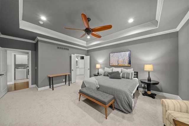 13428 W 172nd St, Overland Park, KS 66221 - carpeted bedroom with a tray ceiling, ornamental molding, recessed lighting, a ceiling fan, and ensuite bath