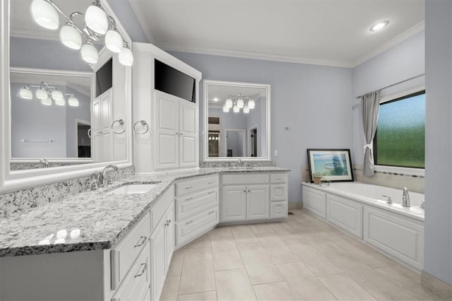 13428 W 172nd St, Overland Park, KS 66221 - bathroom with double vanity, a garden tub, ornamental molding, and tile patterned flooring