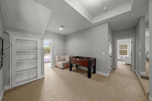 13428 W 172nd St, Overland Park, KS 66221 - playroom with light carpet, ornamental molding, a tray ceiling, and recessed lighting