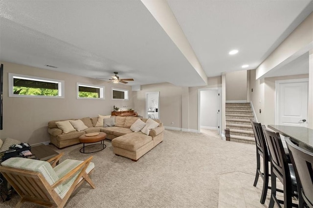 13428 W 172nd St, Overland Park, KS 66221 - living area with light carpet, stairway, ceiling fan, and recessed lighting