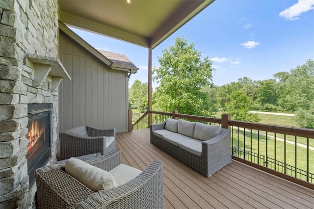 13428 W 172nd St, Overland Park, KS 66221 - deck with an outdoor living space with a fireplace and a yard