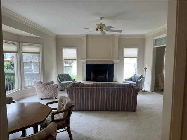 13108 Windsor Cir, Leawood, KS 66209 - living area with light carpet, a ceiling fan, plenty of natural light, and crown molding