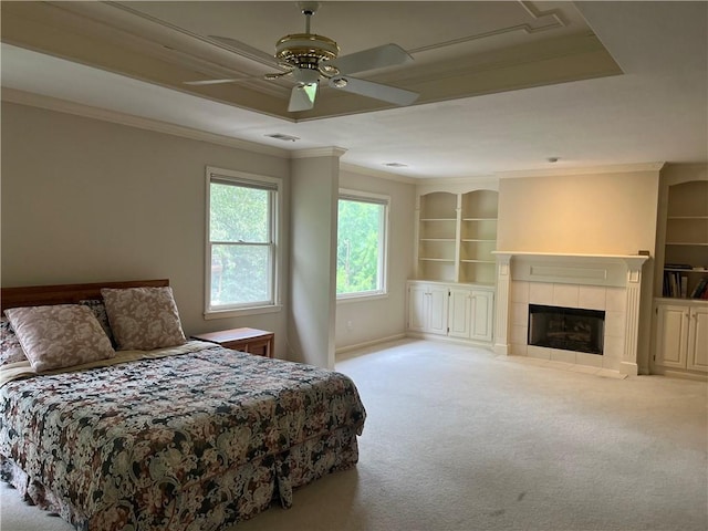 13108 Windsor Cir, Leawood, KS 66209 - bedroom with ornamental molding, carpet, a fireplace, and a ceiling fan