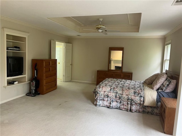 13108 Windsor Cir, Leawood, KS 66209 - carpeted bedroom featuring crown molding, a tray ceiling, and a ceiling fan