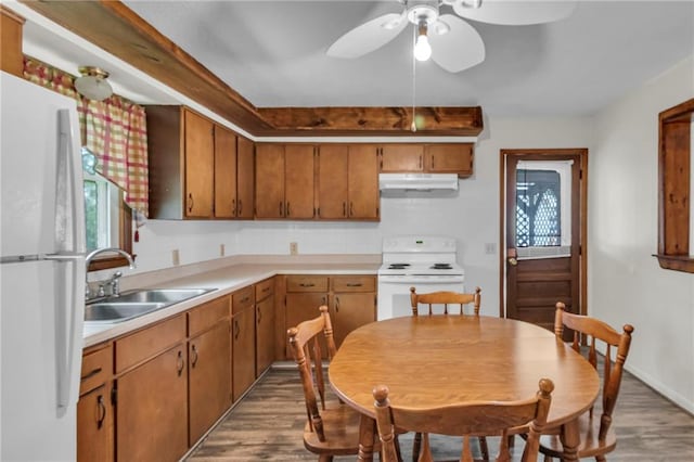 310 E Clay St, Carrollton, MO 64633 - kitchen featuring white appliances, wood finished floors, under cabinet range hood, light countertops, and ceiling fan