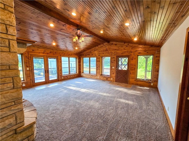2359 Gp Rd, Ks, KS 66850 - unfurnished living room featuring wooden ceiling, carpet, lofted ceiling, french doors, and wood walls
