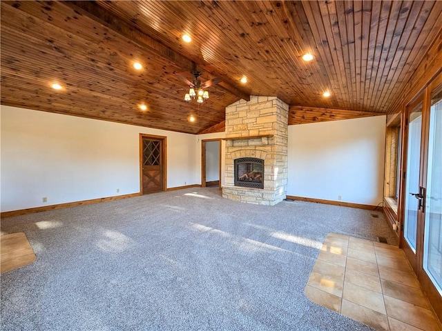 2359 Gp Rd, Ks, KS 66850 - unfurnished living room with carpet floors, wood ceiling, vaulted ceiling, a stone fireplace, and a chandelier