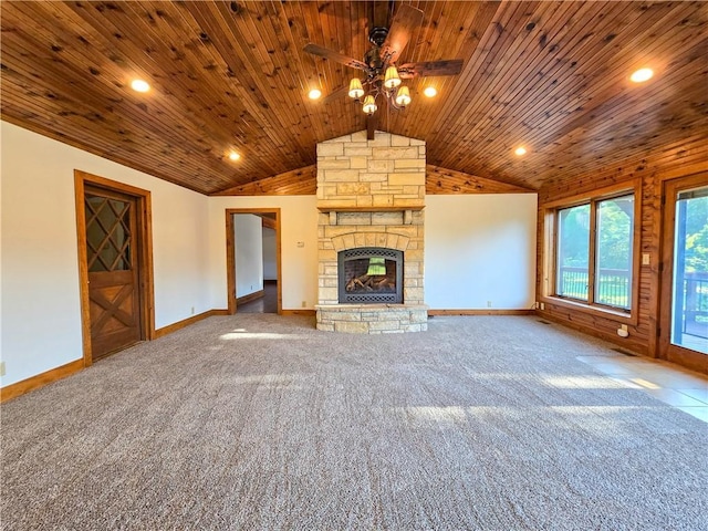 2359 Gp Rd, Ks, KS 66850 - unfurnished living room featuring ceiling fan, carpet flooring, lofted ceiling, wood ceiling, and a fireplace
