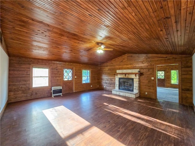 2359 Gp Rd, Ks, KS 66850 - unfurnished living room with wood finished floors, wood ceiling, lofted ceiling, wood walls, and a fireplace