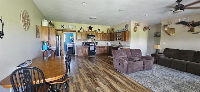 3632 SE 228th St, Lathrop, MO 64465 - living area with dark wood finished floors, ceiling fan, and recessed lighting