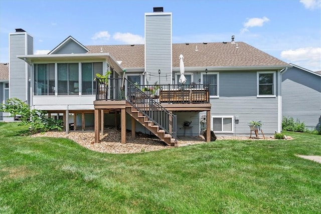6809 W 156th St, Overland Park, KS 66223 - rear view of property featuring stairs, a chimney, a wooden deck, and a sunroom