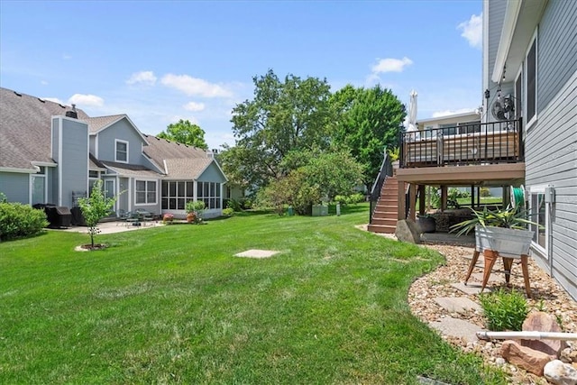 6809 W 156th St, Overland Park, KS 66223 - view of grassy yard with stairs, a sunroom, and a wooden deck