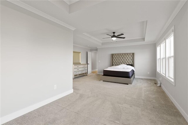 3113 SW Arboridge Dr, Lees Summit, MO 64081 - bedroom with a tray ceiling, light carpet, ornamental molding, and a ceiling fan