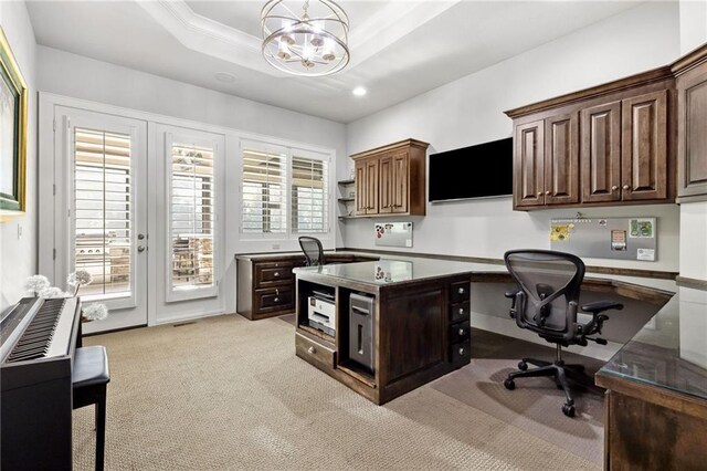 14713 Ash St, Leawood, KS 66224 - office area with a chandelier, light carpet, recessed lighting, and a tray ceiling
