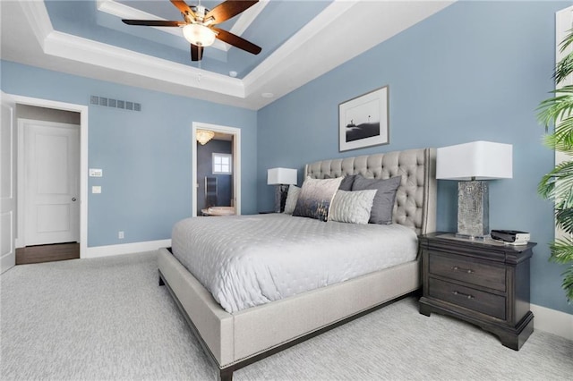 14713 Ash St, Leawood, KS 66224 - bedroom featuring carpet flooring, a raised ceiling, a ceiling fan, and ensuite bathroom