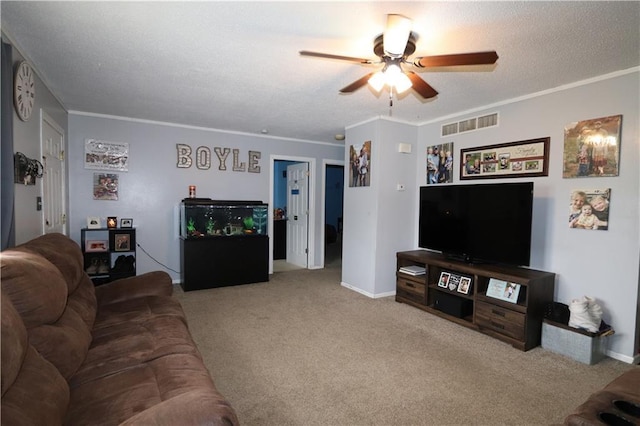 1429 S 6th St, Atchison, KS 66002 - carpeted living area with ceiling fan, ornamental molding, and a textured ceiling
