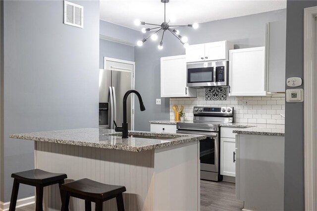 3428 College Ave, Kansas City, MO 64128 - kitchen with appliances with stainless steel finishes, backsplash, a breakfast bar, wood finished floors, and white cabinets