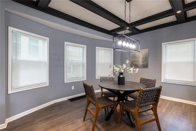 3428 College Ave, Kansas City, MO 64128 - dining room featuring coffered ceiling, dark wood-style flooring, beamed ceiling, and a chandelier