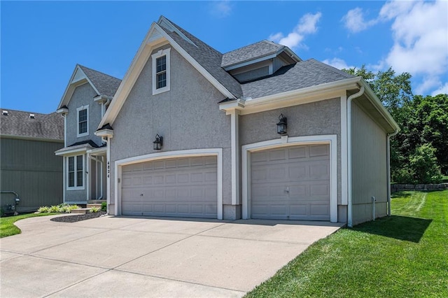 4824 W 162nd St, Overland Park, KS 66085 - view of home's exterior with concrete driveway, a lawn, roof with shingles, a garage, and stucco siding