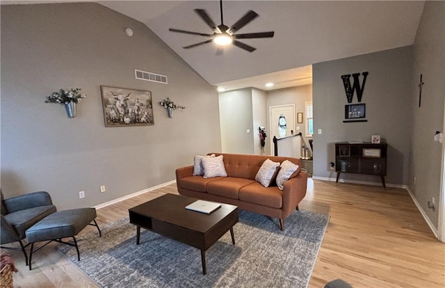 2180 Rock Creek Dr, Tonganoxie, KS 66086 - living room featuring a ceiling fan, light wood-style floors, and lofted ceiling