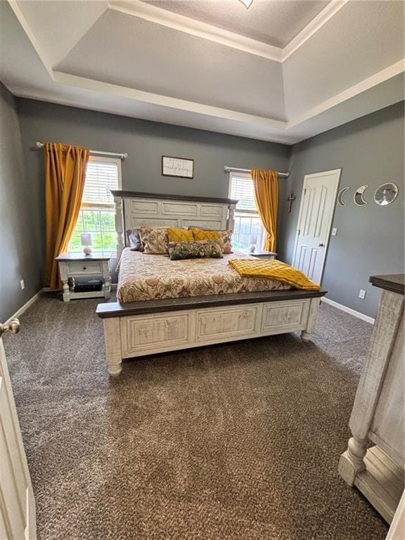 2180 Rock Creek Dr, Tonganoxie, KS 66086 - bedroom with a raised ceiling and dark carpet