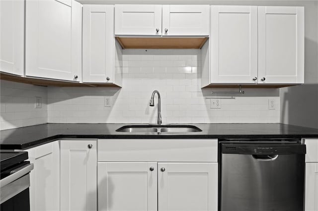 520 Sandusky Ave, Kansas City, KS 66101 - kitchen with stainless steel appliances, dark countertops, tasteful backsplash, and white cabinetry