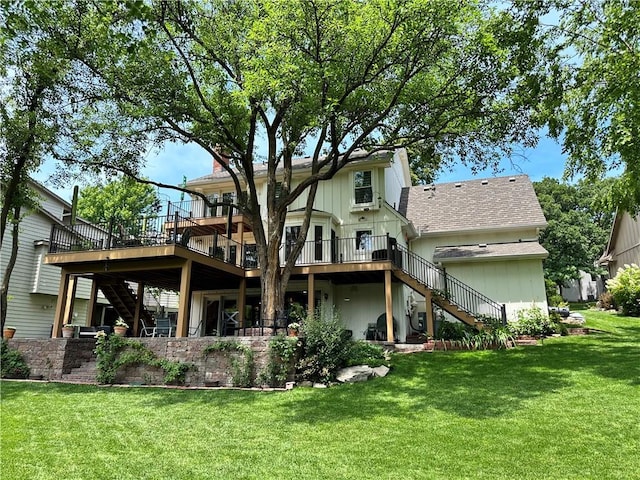 4117 NE Edgewater Ct, Lees Summit, MO 64064 - rear view of house with stairway, a wooden deck, a lawn, and roof with shingles