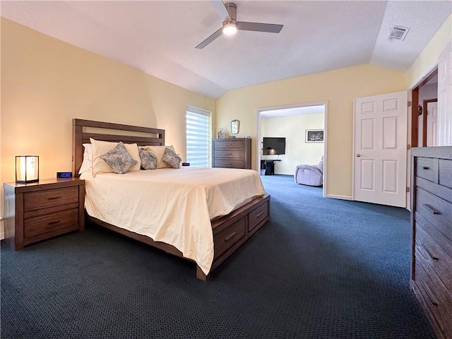 4117 NE Edgewater Ct, Lees Summit, MO 64064 - bedroom featuring dark carpet, lofted ceiling, and a ceiling fan