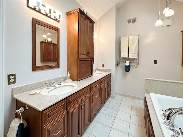 4117 NE Edgewater Ct, Lees Summit, MO 64064 - full bathroom featuring double vanity, a garden tub, tile patterned flooring, and vaulted ceiling