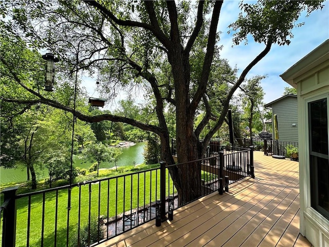 4117 NE Edgewater Ct, Lees Summit, MO 64064 - wooden terrace with a yard and a water view