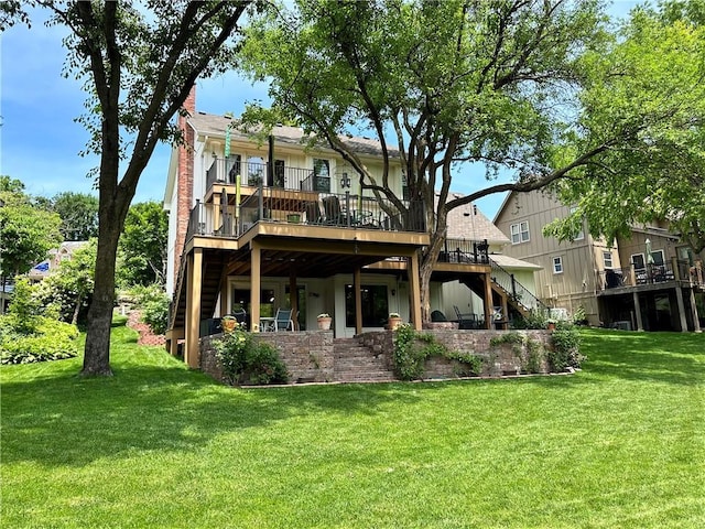4117 NE Edgewater Ct, Lees Summit, MO 64064 - back of house with stairway, a wooden deck, and a yard