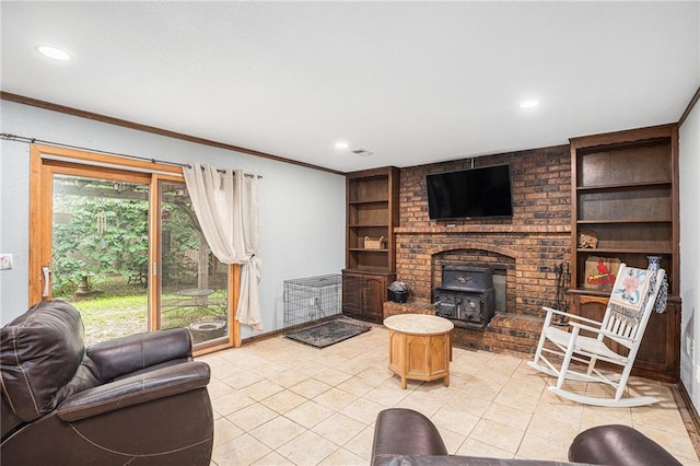 1422 S Kiowa Dr, Olathe, KS 66062 - living area featuring a wood stove, built in features, light tile patterned flooring, recessed lighting, and ornamental molding