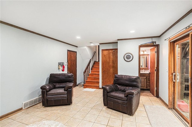 1422 S Kiowa Dr, Olathe, KS 66062 - sitting room featuring ornamental molding, light tile patterned flooring, stairs, and recessed lighting
