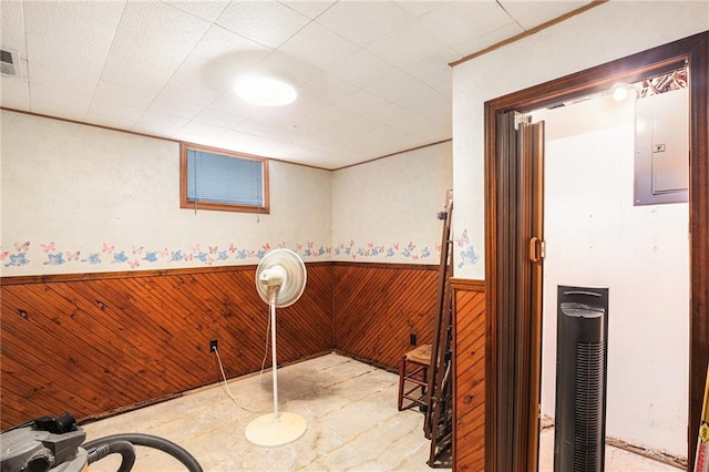 1422 S Kiowa Dr, Olathe, KS 66062 - bathroom featuring electric panel, wainscoting, and wood walls